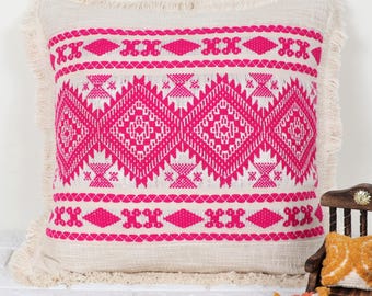 Handmade Pink & Cream Woven Fringe Pillow - Boho Lumbar 12x20 Cushion Cover - Cotton Textured Decorative Throw Pillow