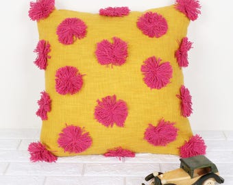 Handmade Raw Cotton Pillow Cover - Decorative Pink Pom Pom Cushion Case - Boho Fringe Embroidered Pillow - Tufted Polka Dot Pillow