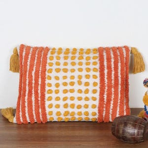 Handloom Cotton Pillow Cover | Boho Loops Lumbar Decorative Cushion | Tufted Polka Dot Pillowcase