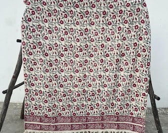 Vintage Boho Cotton Throw Blanket | Geometric Bedspread | Floral Throw Blanket | Pink & White Hand Print Blanket | Sofa Decor Throw
