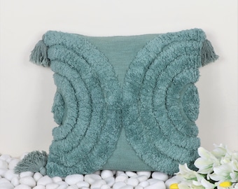 Teal Blue Boho Tufted Pillow Cover: Cotton Cushion with Tassels