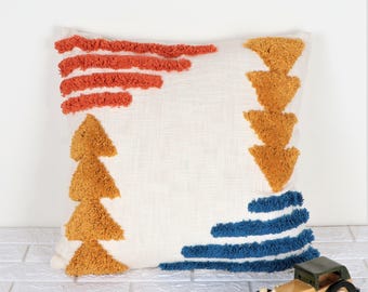 Handmade Tufted Cotton Pillow Cover - Mustard, Orange & Blue Boho Decor - Decorative Embroidered Throw Pillow