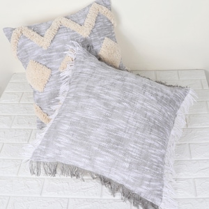 Premium Set of 2Tufted Pillow Covers Grey Embroidered Boho Cushion Cases with Fringes | Decorative Sofa Throw Pillow Home Decor Gift for Her