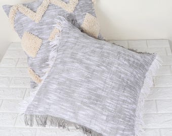 Grey Tufted Pillow Cover Set: Handmade Cotton Boho Cushion with Fringes