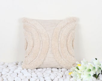 Luxury Ivory Geometric Boho: 100% Cotton Tufted Textured Throw Pillow Cover, 45x45cm | 18x18 Inch Cushion Cover For Housewarming Gifts
