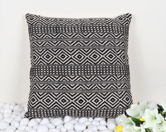 100% Cotton Boho Woven Stripe Pattern Black Ivory Pillow Cover 50x50 Cms | 20x20 Inch Cushion Cover