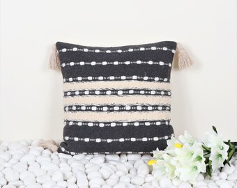 Handloom Woven Tufted Boho Throw Pillow | Charcoal Gray Ivory Cotton Acrylic | Textured Embroidered | 18x18 Inch Cushion Cover