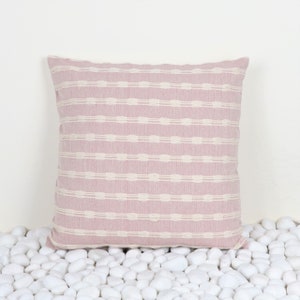 Handmade Boho Throw Pillow: Pink Ivory Woven Cotton Cushion (20x20 Inch)