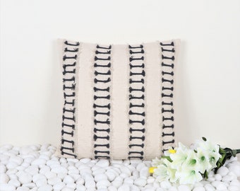 Gray Ivory Boho 100% Cotton Hand-Loom Woven Embroidered Textured Throw Pillow Cover, 50x50cm | 20x20 Inch Cushion
