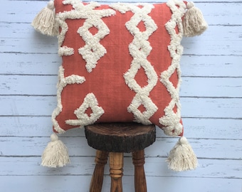 Rusty Orange Boho Pillow Cover | 20x20 Handloom Woven 100%Cotton Cushion | Textured Throw Pillowcase | Rustic Farmhouse Home Decor Gift idea