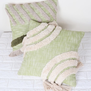 Premium Set of 2Pillow Cover For Home Decor, Green Tufted Cushion Case, Embroidery Tufted Pillow Boho Cushion Cover 12Tassel Soft Pillow Set