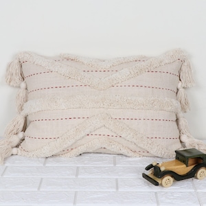 Handmade Ivory Tufted Lumbar Pillow Cover: 100% Cotton Tassel Cushion, 14x20 Inch