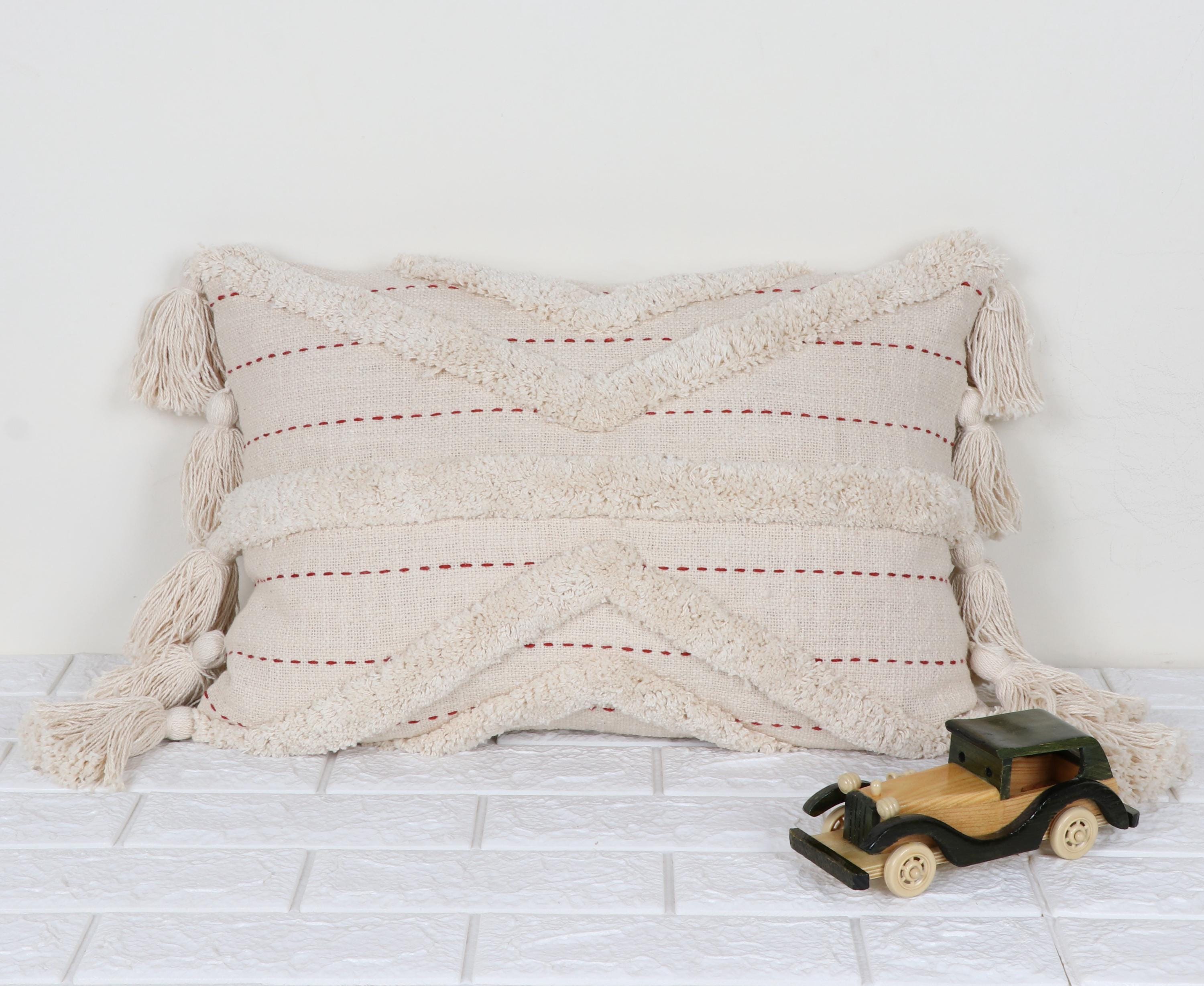 Handmade Ivory Tufted Lumbar Pillow Cover: 100% Cotton Tassel Cushion, 14x20 Inch