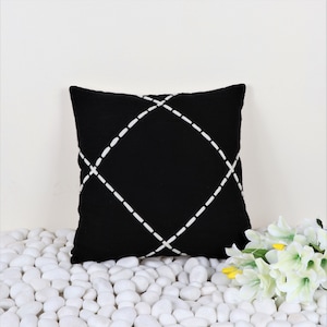 100% Cotton Boho Embroidered Geometric Throw Pillowcase | 45 x 45 cms | 18 x 18 inch cushion cover, Black & White