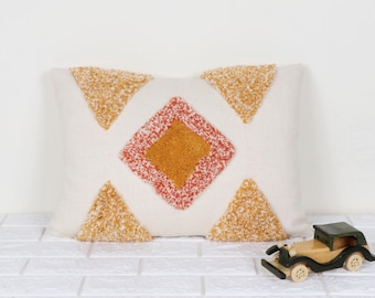 Cotton Tufted Textured Pillow Cover | Hand Embroidered Throw Pillow | Mustard, Red Bohemian Decorative Accent Pillowcase