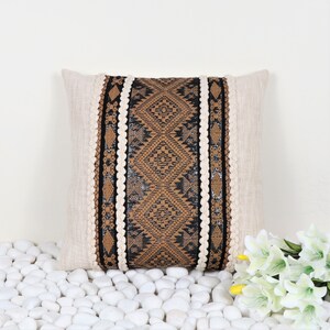 Premium Ivory Brown Embroidered Tufted Cushion Cover | Textured Woven Cotton Throw Pillow | 18x18 Inch | 45x45 cm Boho Decorative Pillowcase