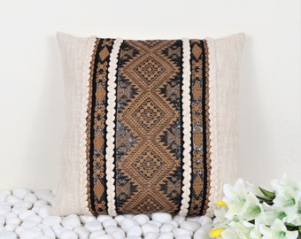 Ivory Brown Embroidered Tufted Textured Cotton Cushion Cover 45x45 Cms | 18x18 Inch Throw Pillow