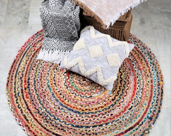 Handgefertigter Chindi Teppich | Boho geflochtener Kreis Teppich | Mehrfarbiger runder Teppich | Wohnzimmer Teppich Eingangsbereich Kreis Teppich