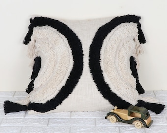 Black & Ivory Boho Tufted Cotton Pillow Cover | 20x20 Inch 50x50 cm Textured Cushion with Tassels | Throw Pillow Case Housewarming Gift idea
