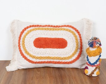 Ivory Mustard Rust Tufted Pillow Cover | 100% Raw Cotton Embroidered Boho Lumbar Cushion | 14x20 Decorative Throw Pillow for Home Decor