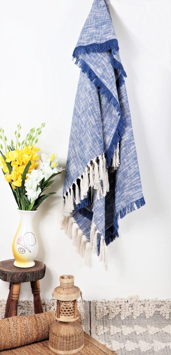 Luxury 130x150 Cm Bohemian Style 100%cotton Tufted Blue Throw