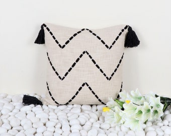 Boho Embroidered Geometric Throw Pillowcase - White/Black | 45x45cm | 18x18inches | 100% Cotton Boho Embroidered Geometric Throw Pillowcase