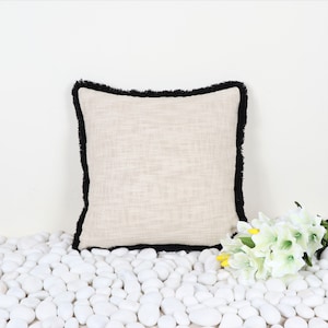 Premium Black & Ivory Boho Embroidered Pillow Cover | 100% Cotton Fringe Cushion 18x18 (45x45 cm) | Handmade Sofa Decor | Gift for Her