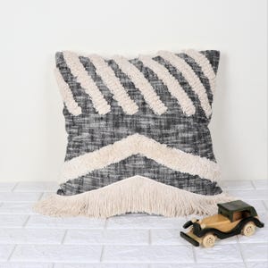 Boho Embroidered Pillow Cover: Handloom Cotton Tufted Fringe Cushion