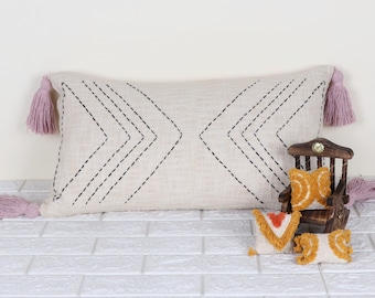 Funda de cojín lumbar Kantha cosida a mano - Funda de cojín decorativa estilo boho en blanco y negro - Cojín de algodón
