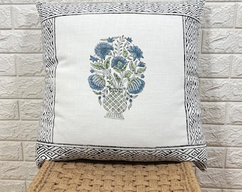 Mughal Blumendruck Kissenbezug | Handblock Leinenkissen | Blau Grün Floral Kissen | Boho dekoratives Dekokissen