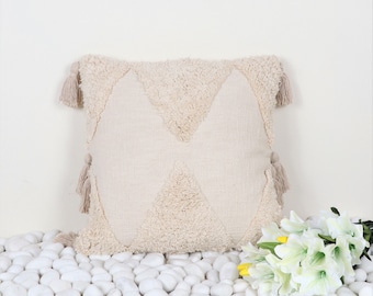 Ivory Boho Embroidered Cotton Pillow Cover 18x18 | Tufted Textured Cushion | 100% Cotton Throw Pillowcase | Neutral Home Decor Gift for Her