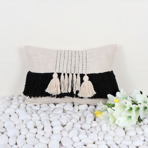 Handmade Ivory & Black Tufted Lumbar Pillow Cover: Cotton Fringe Tassel Cushion (14x20 Inch)