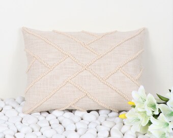 Ivory Lumbar Decorative Throw Pillow Cushion Cover Embroidered Texture Decorative Pillow Cushion Cover - 35x50cms | 14x20 inches