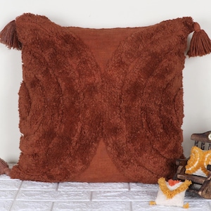 Handmade Cotton Tufted Throw Pillow Cover: Brown Golden Boho, 18x18 Inch