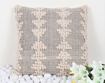 Gray Ivory 100% Cotton Handloom Woven Textured Boho Throw Pillow Case  50x50 Cms | 20x20 Inch Cushion Cover