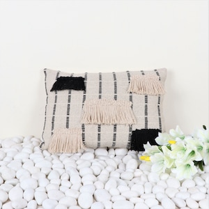 Handmade Boho Lumbar Pillow Cover: Black & Ivory Tufted Cotton (14x20 Inch)