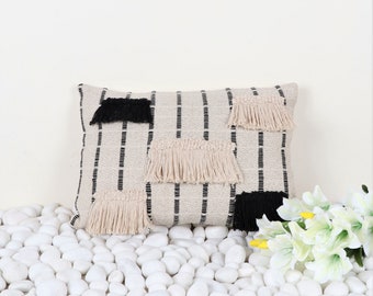 Boho Black Ivory Handloom Woven Cotton Lumbar Pillow Cover with Tufted Textured Fringe and Tassels - 35x50 Cms | 14x20 Inch