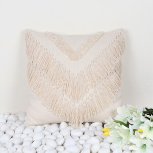 Premium Ivory Boho Throw Pillow Cover | 18x18 Inch Fringe Embroidered Cushion | 100% Cotton Decorative Cushion | Housewarming Gift Idea