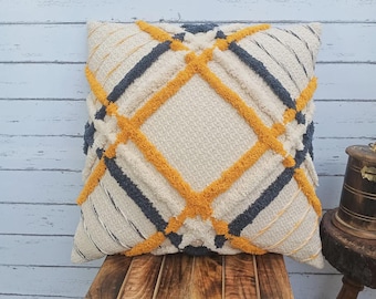 Boho Tufted Throw Pillow Cover | Mustard Yellow & Navy Cotton Cushion, Handloom Embroidered Pillowcase, Home Decor, Mother’s Day Gift Ideas