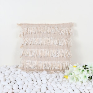 Boho Throw Pillowcase 50x50 cm - 20x20 inches | Beige Brown Cotton Acrylic Hand Loom Woven Textured Soft Fringe Boho Throw Pillowcase