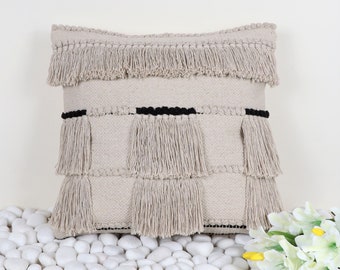 Recycled Cotton Modern Hand Loom Woven Beige Black Ivory Pillowcase  50x50 Cms | 20x20 Inch Cushion Cover