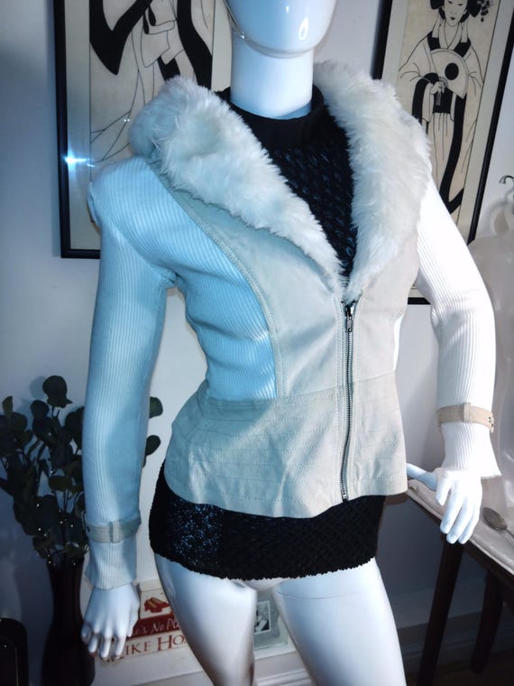 New Vintage Y2K 90s Jane Norman Suede Ribbed Jacket Fur