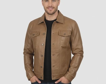 MOTROX Herren Camelbraune Trucker-Lammfell-Lederjacke - Button-Up-Style