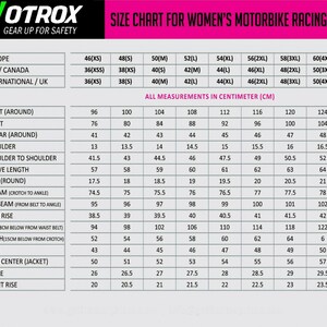 May include: Size chart for women's motorbike racing suits with measurements in centimeters for chest, waist, collar, shoulder, shoulder to shoulder, sleeve length, cull, inseam, outseam, back rise, hip, thigh, knee, back center, ankle, and front rise.