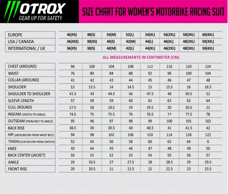 May include: Size chart for women's motorbike racing suits with measurements in centimeters for chest, waist, collar, shoulder, shoulder to shoulder, sleeve length, cull, inseam, outseam, back rise, hip, thigh, knee, back center, ankle, and front rise.