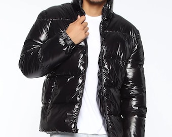 Mens Puffer Jacket with Hood Zip Up Quilted Lined Bubble Coat Padded Puffer Winter