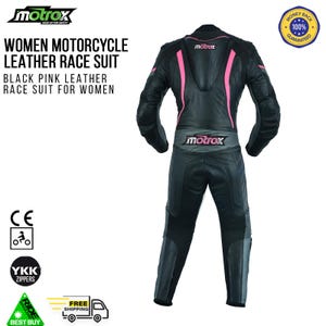 May include: Black and pink leather motorcycle race suit. The suit has a black base with pink accents and the word "motrox" printed on the back.