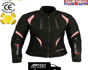 Womens Wasserdichte Jacke Textil Motorrad Laufregen Mantel Schwarz Pink mit CE Rüstung