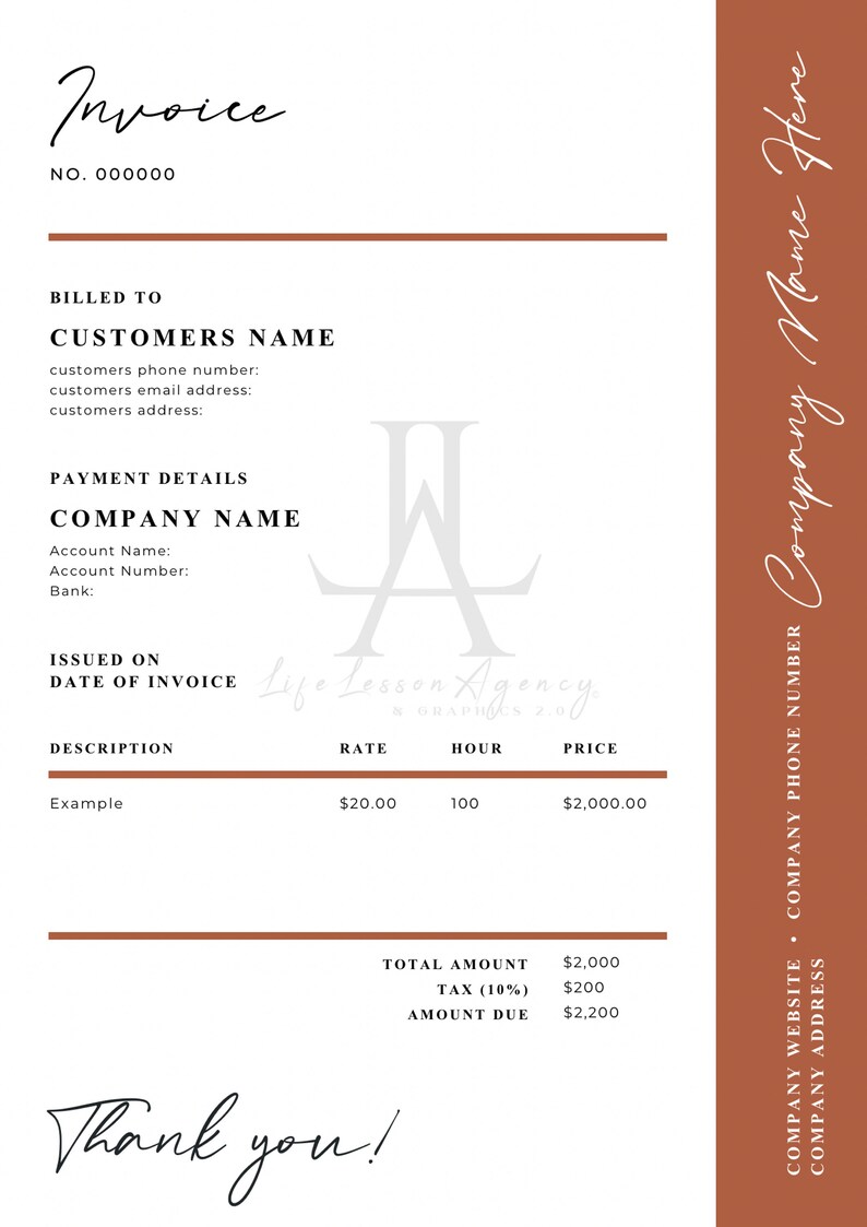 Rust Check Invoice Brown Rust Invoice Template, Editable Design in Canva, Printable, DIY ...