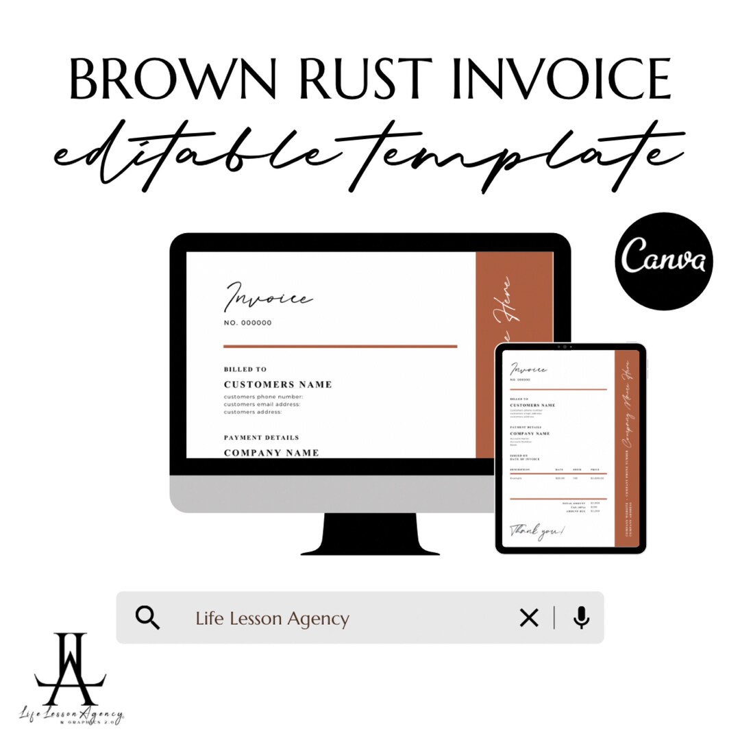 Rust Check Invoice Brown Rust Invoice Template, Editable Design in Canva, Printable, DIY ...